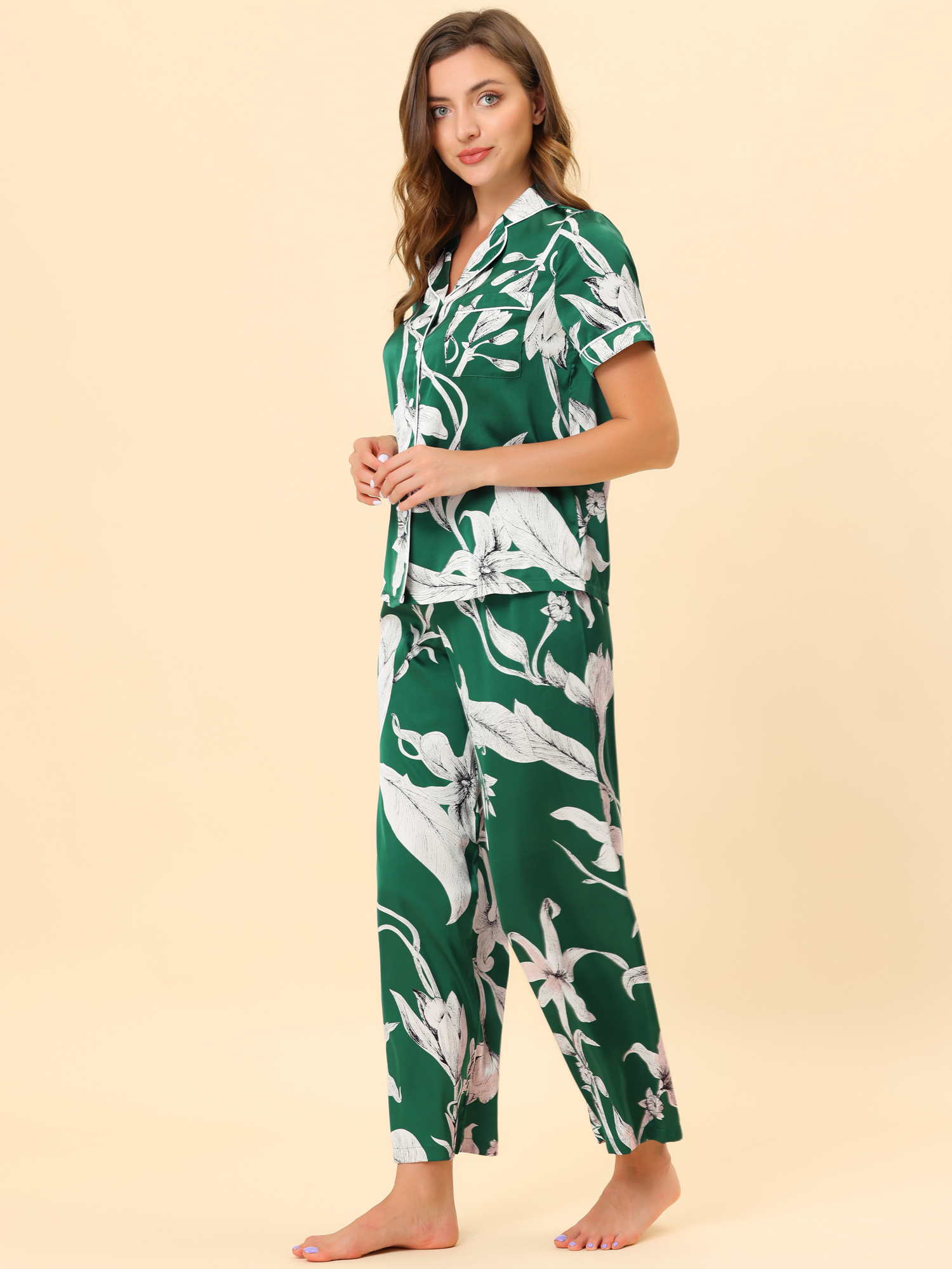Unique Bargains Women's Pajama Set Silk Short Sleeves and Pants Floral Satin Sets