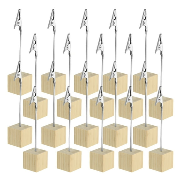 Place Card Holder, 20Pcs Memo Clip Holder Stand with Alligator Clasp Table Number Holders Wooden Base for Pictures Note Card Paper, Brown