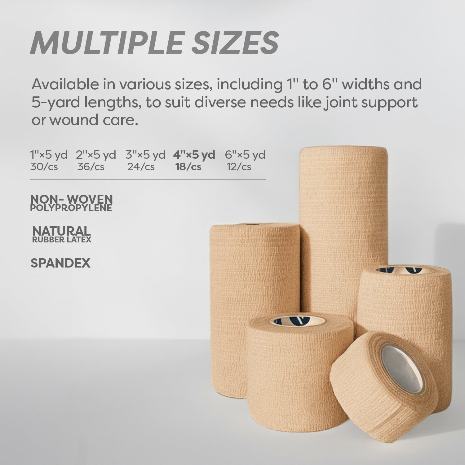 Dynarex Sensi-Wrap Self-Adhesive Bandages, 18-Pack, 4" x 5 yards, Tan, Latex, Colored Elastic Cohesive Athletic Tape, Tattoo Grip & Vet Wrap