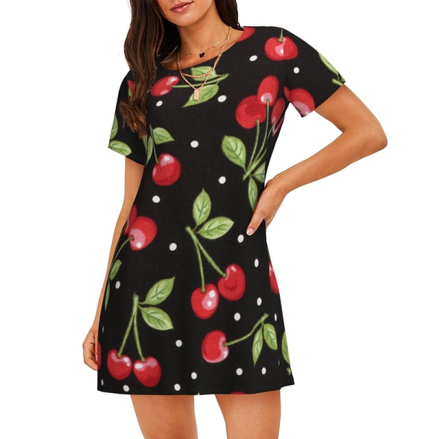 Fotbe Sweet Red Cherry Bata de Dormir para Mujer con Estampado, Camisón de Algodón de Manga Corta, Ropa de Dormir Casual