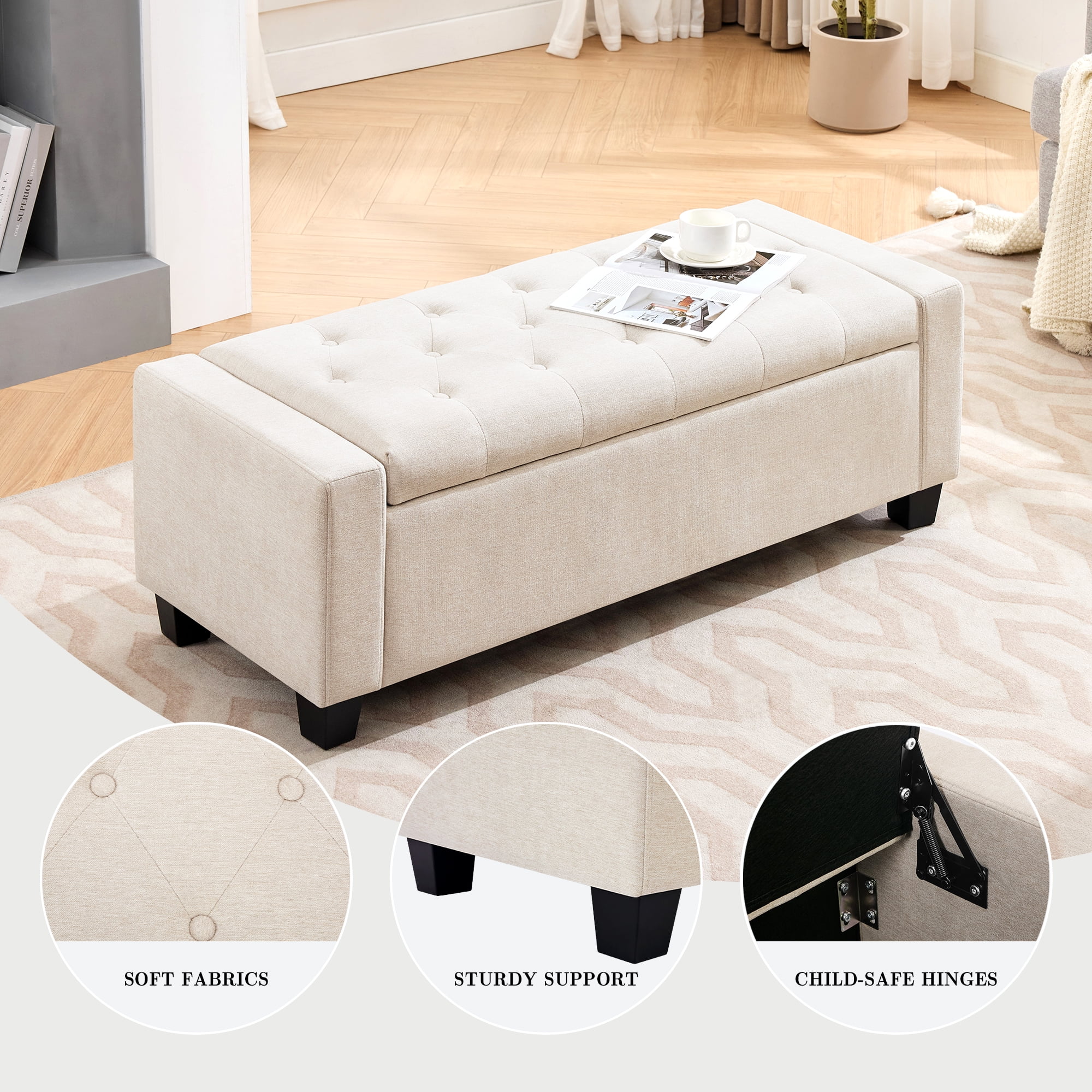Huatean Home 48" Ottoman Storage Bench Upholstered with Safety Hinge, Beige