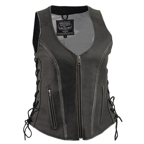 Milwaukee Leather Women's V-Neck Distress Grey Premium Leather Motorcycle Rider Vest w/ Side Laces MLL4531 X-Small