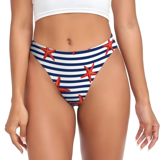 Balery Starfish Navy Blue Stripe Tangas de Algodón para Mujer con Estampado – Ropa Interior Sexy, Transpirable, G-string-X-Large