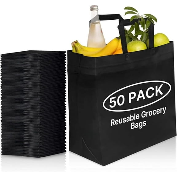 GASTROPOD 50 Pack Black Reusable Eco-Friendly Grocery Shopping Bags 12.6"X6.3"X11.8" Durable,Recyclable Shopping Bags Washable,Foldable