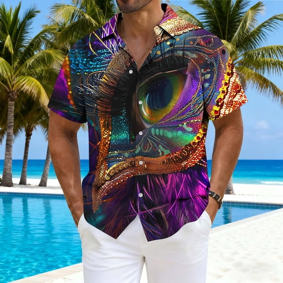 NTACZA Mardi Gras Shirts for Men Button Up Short Sleeve Tropical Shirt Mask Print Stretch Funny T Shirts for Man L