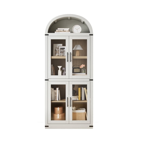 Arched Glass Door Bookcase - 71" Tall Freestanding Display Cabinet with 4 Doors, Ample Shelves & Anti-Tip Kit for Living Room, Bedroom & Office Storage,White