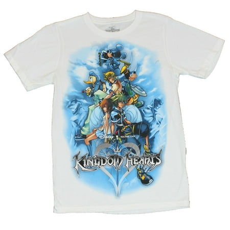 Kingdom Hearts Mens T-Shirt  - Blue Washed Giant Cast Pile Up (Kingdom Hearts Best Place To Level Up)