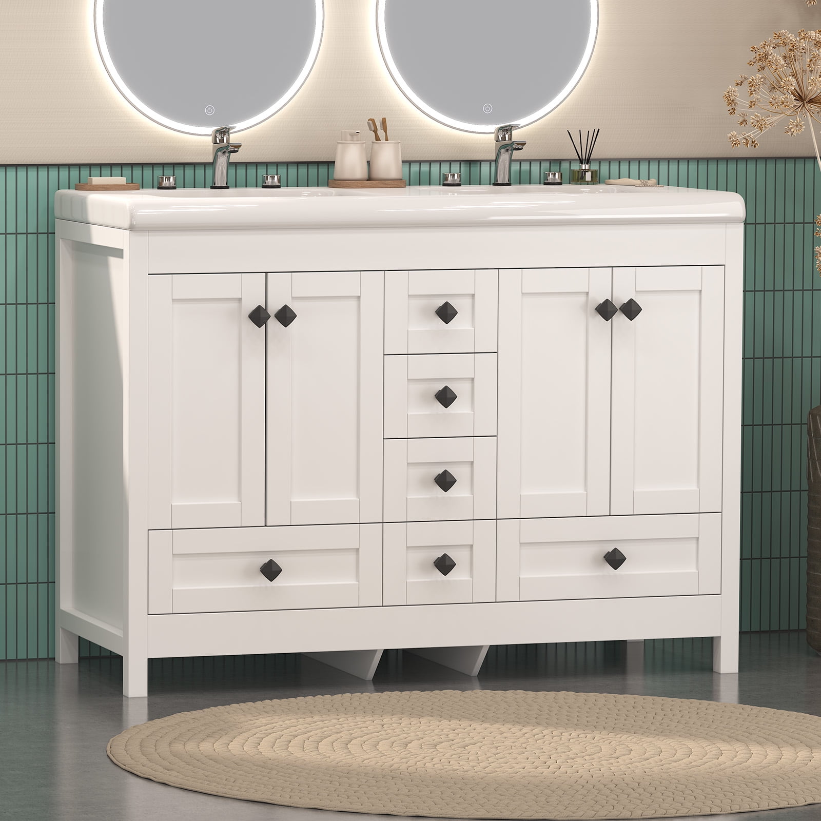 Jarbalai 47" Modern Double Sink Bathroom Vanity with 6 Drawers and Soft-Close Cabinet, White