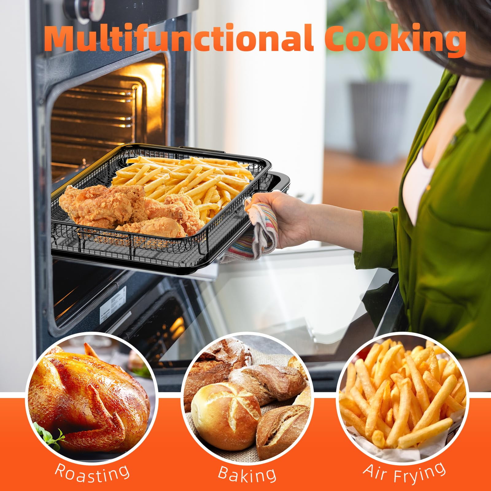 Air Fryer Basket for Oven,Oven Air Fryer Basket and Tray with 50 PCS Parchment Papers,2 Set Stainless Steel Air Fryer Pan and Crisper Tray for Baking Grilling (Black)