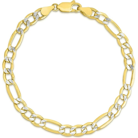 10k Two-Tone Gold 6.5mm Lite Pave Diamond Cut Figaro Chain Link Bracelet or Anklet