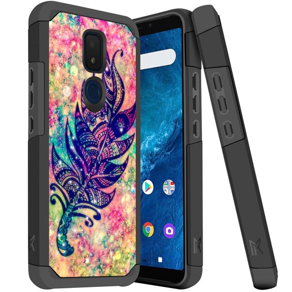 ANJ  Slim Dual Layer Hybrid Shockproof Case   Tempered Glass Cover for Cricket Icon 3, Splendor, AT&T Motivate 2 - Dream Tribal Feather