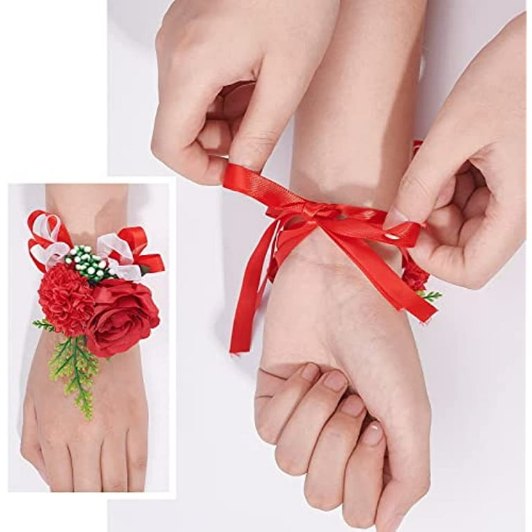open lace back dress Red and White Corsage | Fresh Floral Wrist Corsage