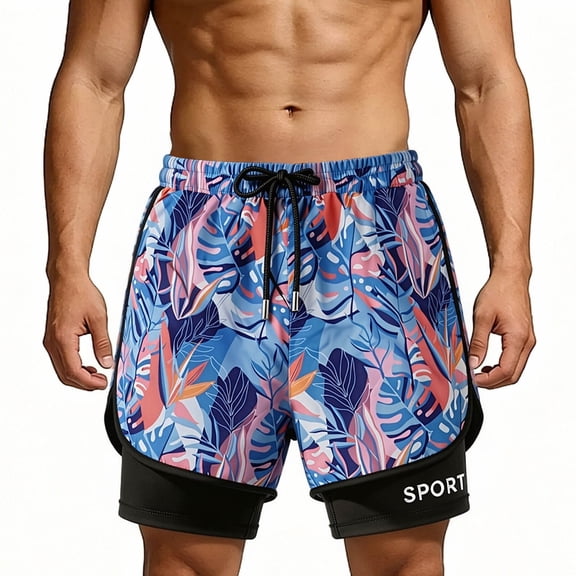 MYAOYI Mens 2 in 1 Tropical Swim Trunks Quick Dry Running Shorts with Compression Liner