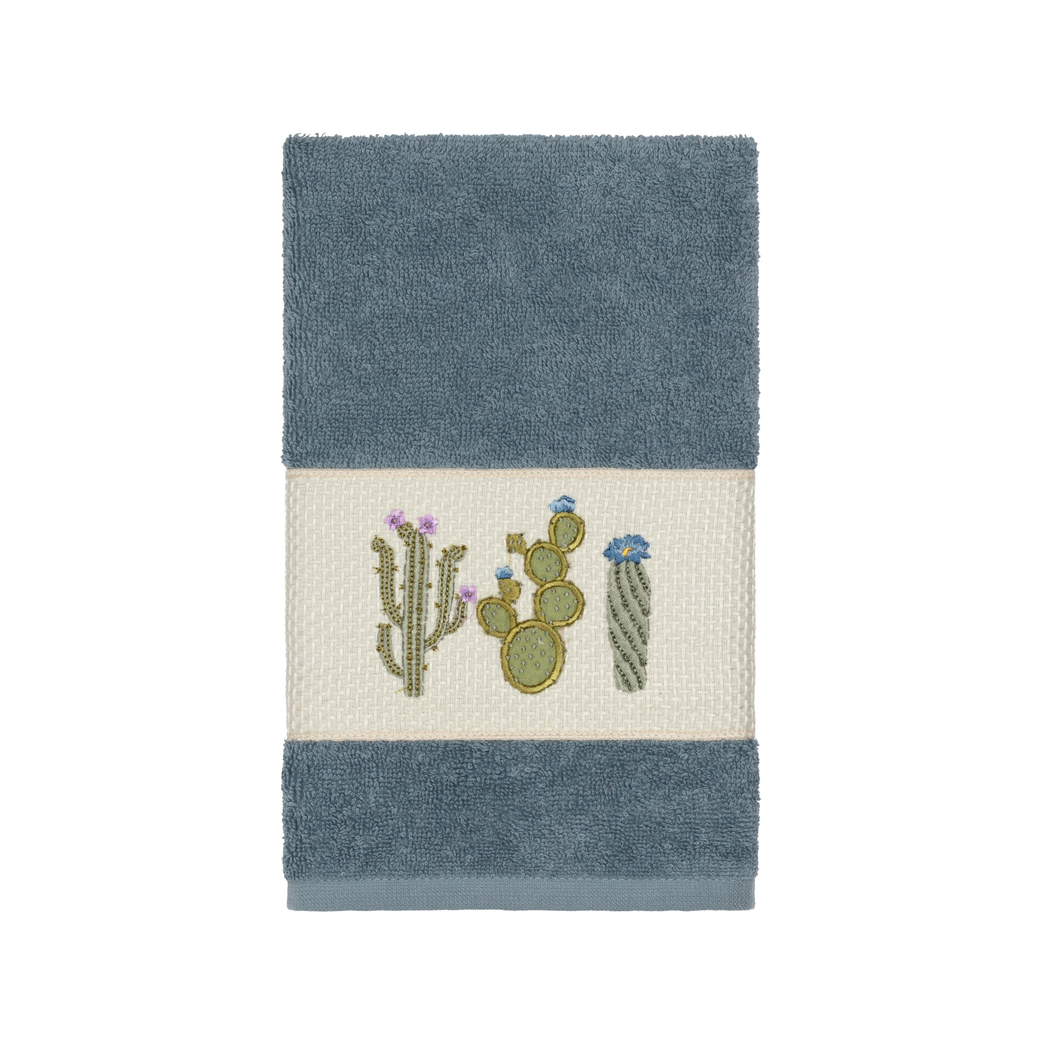 Authentic Hotel and Spa  Turkish Cotton Cactus Embroidered Teal Blue Hand Towel