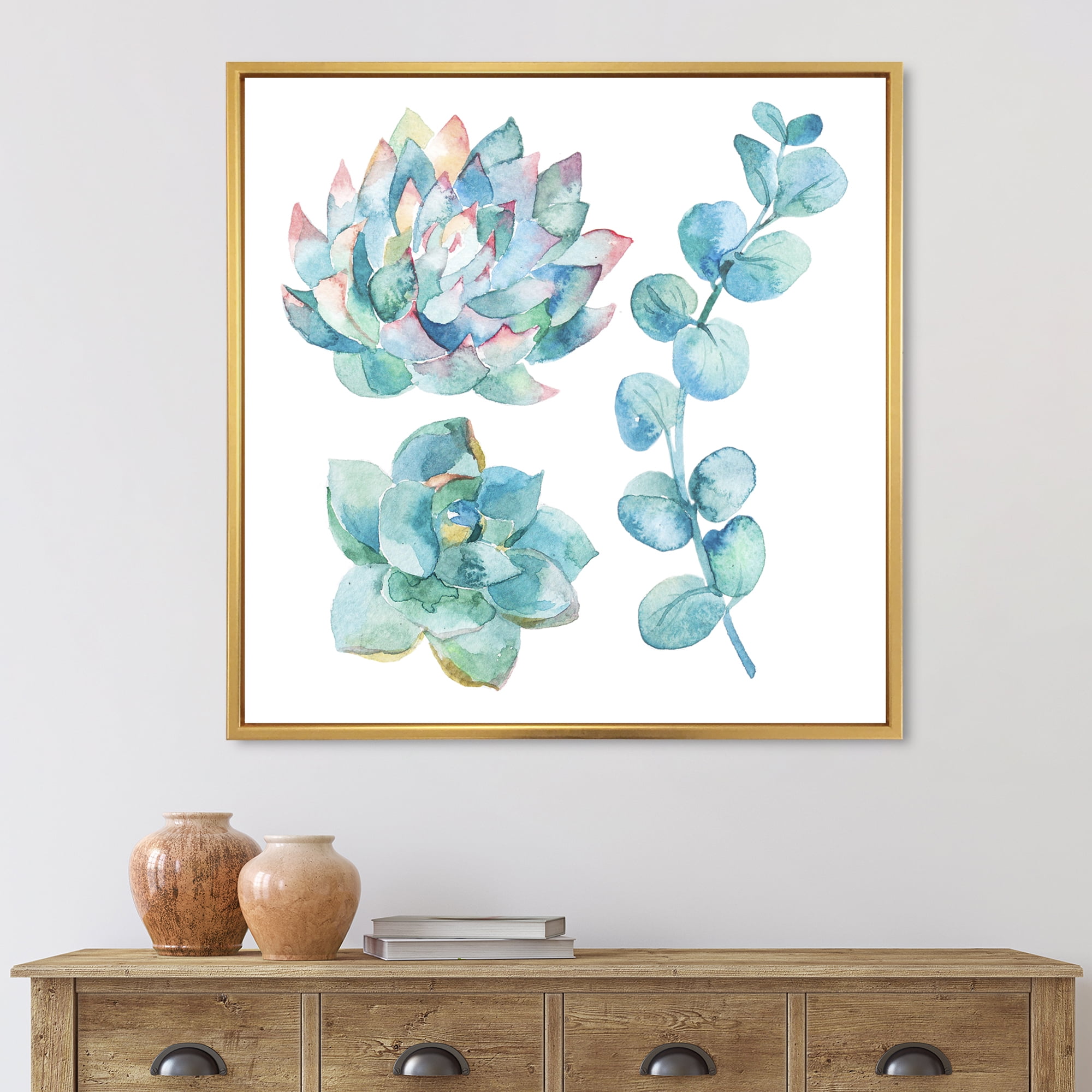 Designart 'Succulents and Eucalyptus Leaves' Traditional Framed Canvas Wall Art Print