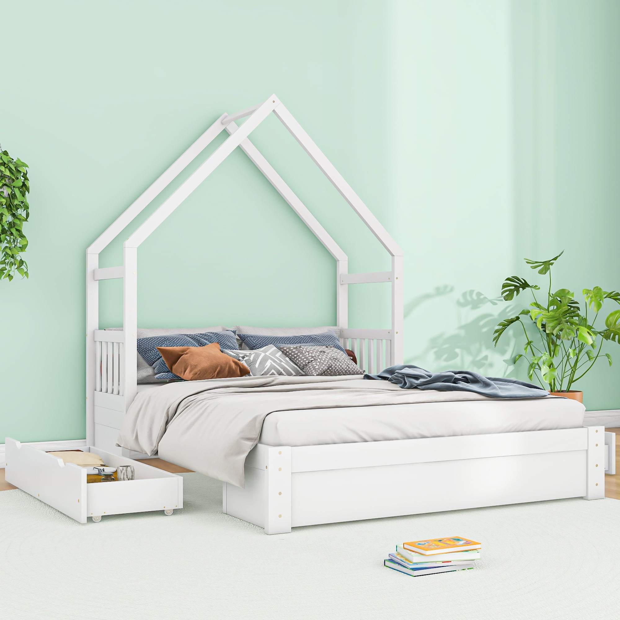 Euroco Wood Queen Bed, House Platform Bed with 2 Storage Drawers for Adults, White