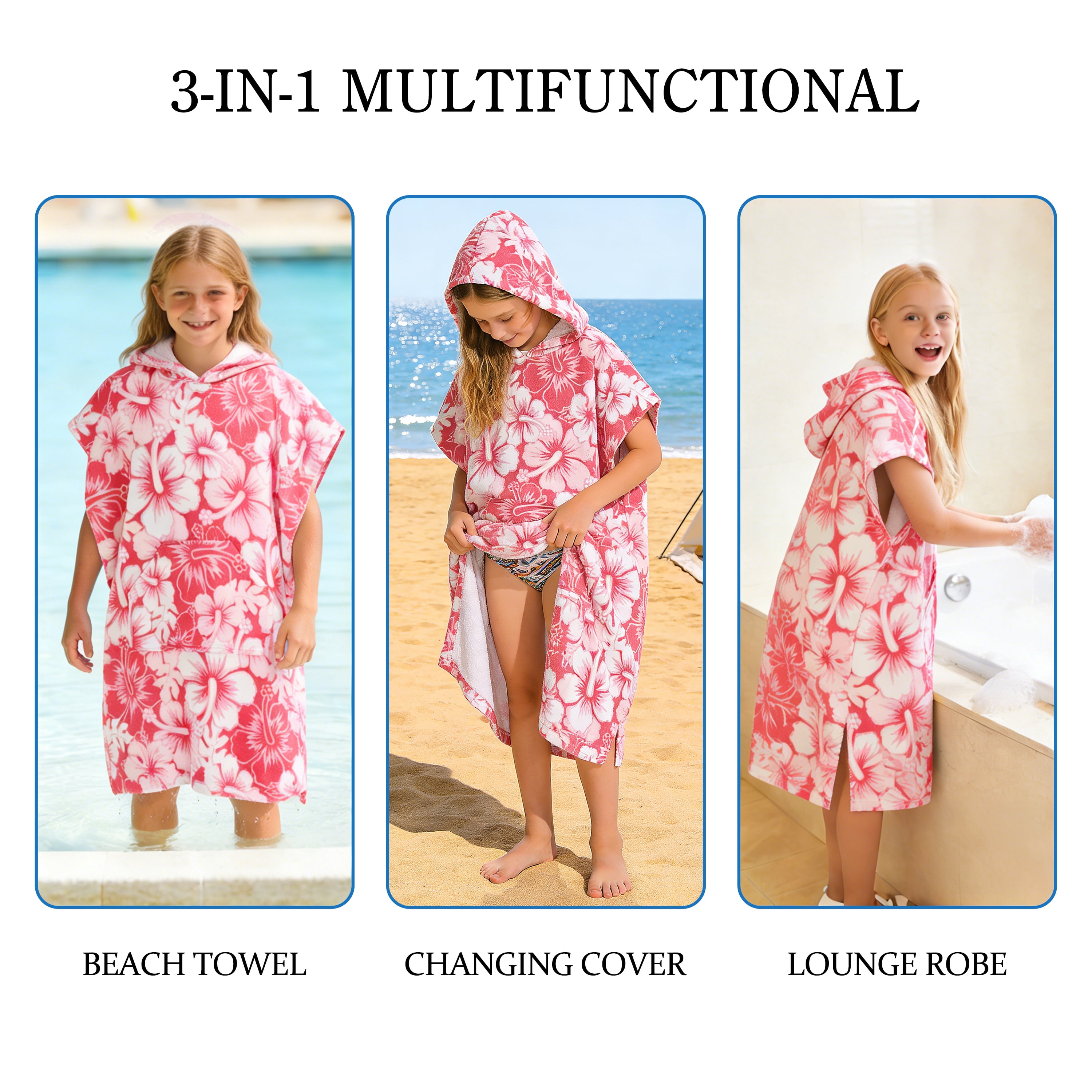 Catalonia Kids Hooded Poncho Towel, 100% Cotton Absorbent Changing Robe for the Beach, Pool, and Bath, Cute Gifts for Childrens (Boys and Girls), Pink Flower