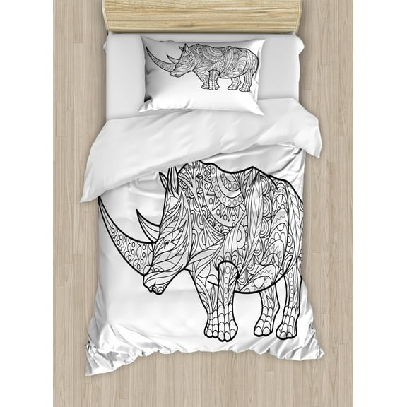 Rhino Duvet Cover Set Twin Size, Hand Drawn Sketch of an Animal with Horn Motifs Floral and Geometric, Decorative 2 Piece Bedding Set with 1 Pillow Sham, Charcoal Grey and White, by Ambesonne