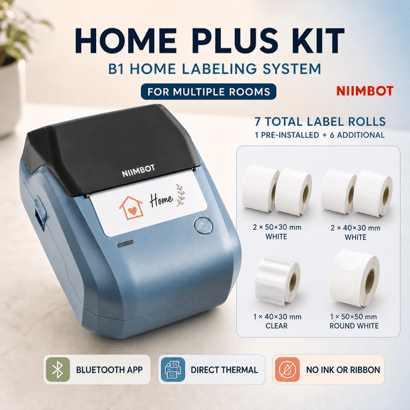 NIIMBOT B1 Bluetooth Thermal Label Maker, 203 DPI Portable Sticker Printer for Pantry, Jars, Storage Bins & Home Organization, Lake Blue, Home Plus Kit, 7 Label Rolls