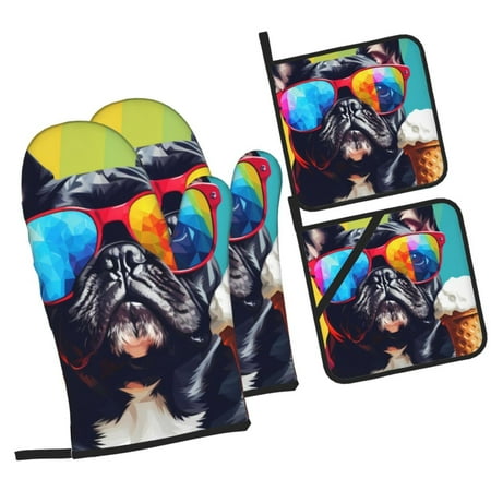 

Haiem Rainbow Bulldog Sunglasses Print Extra Long Oven Mitts and Pot Holders 4pc Sets: Heat Resistant Silicone Oven Mittens with Mini Oven Gloves and Hot Pads Potholders