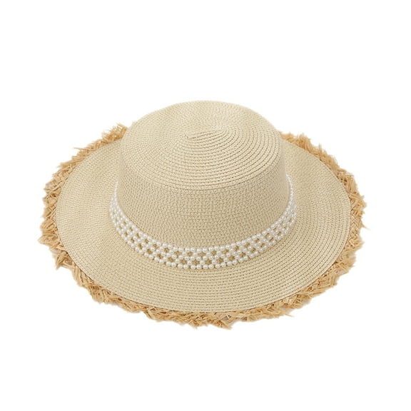 56-58cm hat circumference women's straw hat summer sunshade sunscreen seaside pearl big brim sun hatBeige