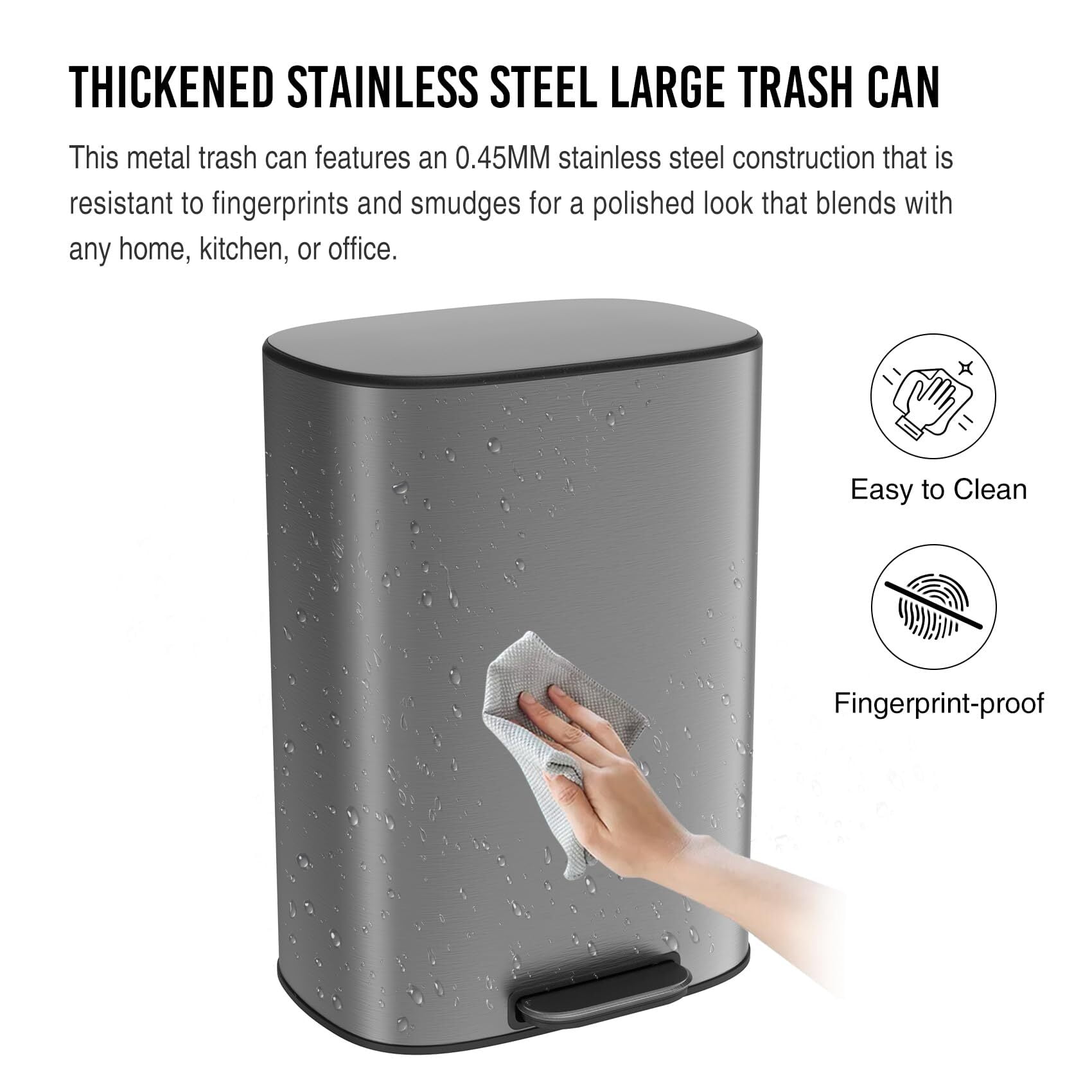 50 Liter/13.2 Gallon Step Trash Can with Inner Liner, Oval Garbage Can with Soft Close Quiet Lid, with 30 Garbage Bags for Kitchen/Home/Office and More - Stainless Steel Thickened Body （Silver Gray）
