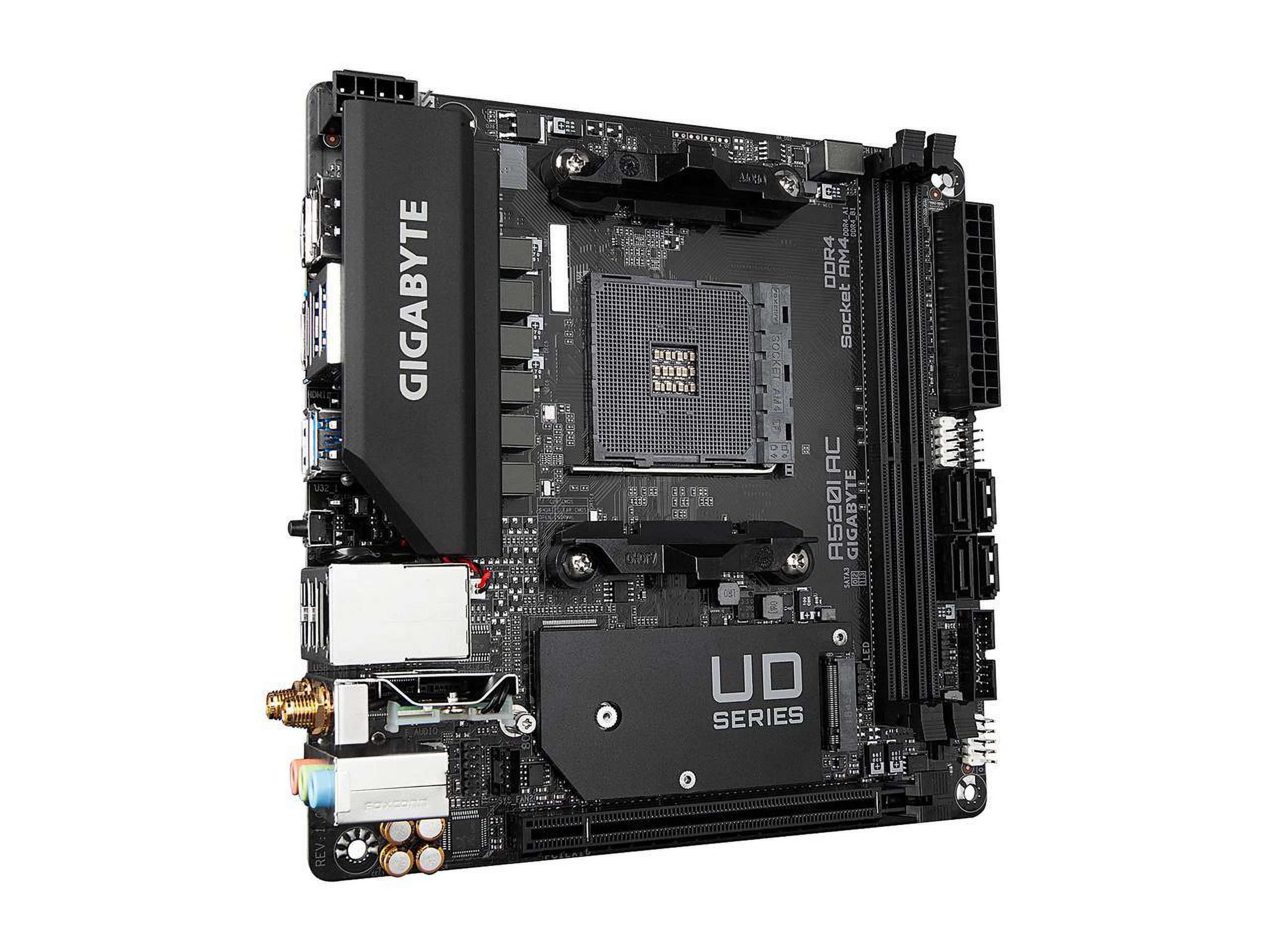 GIGABYTE A520I AC mITX AM4 Direct 6 Phases Digital PWM with 55A DrMOS, GIGABYTE Gaming GbE LAN, Intel WiFi+Bluetooth, NVMe PCIe 3.0 x4 M.2, 3 Display Interfaces, Q-Flash Plus, RGB Fusion 2.0, Motherbo