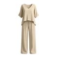 thumbnail image 4 of Floleo Women Solid V-Neck 3/4 Sleeve High-Low Faux Linen Top Drawstring Waist Wide Leg Pants 2 Piece Loungewear Set, 4 of 7