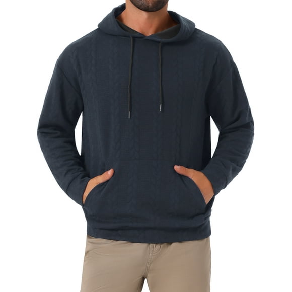 INSPIRE CHIC Men's Long Sleeve Pockets Drawstring Jacquard Pullover Hooded Sweatshirts S Navy Blue