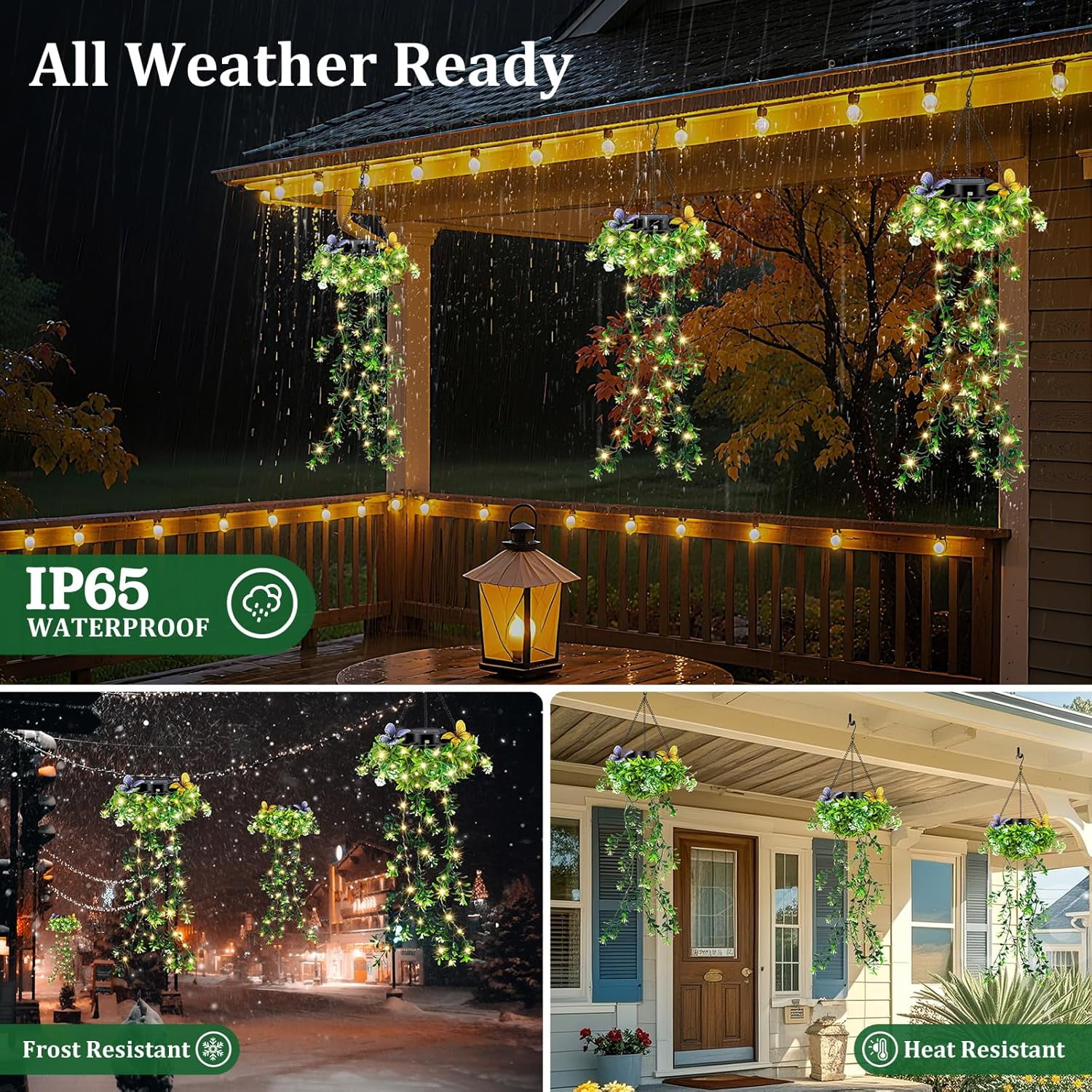Solar Hanging Garden Lights, IP65 Waterproof Outdoor Hanging Artificial Plants Garden Lights with Artificial Ivy Flower Fairy String Lights for Patio Porch Balcony Spring Garden Decor (2PCS)
