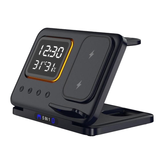 5 in 1 15W Wireless Charging Station with Accurate Temperature , Magnetic Charger for Phone and Smartwatches, Easy-to-Set Digital Clock and Dimmable Night Light