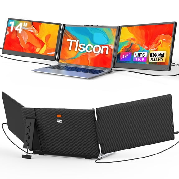 Tlscon Laptop Screen Extender, Dual 14" 1080P 60Hz IPS Portable Monitors, Triple Screen, USB-C & Mini HDMI, Fits 13-17.3" Laptop