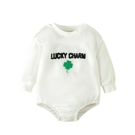 

Baby Girls Long Sleeve Round Neck Letter Clover Embroidery Romper