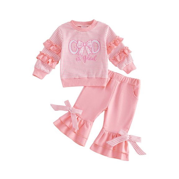 RUINIXCW Toddler Girl Fall Outfits Letter Bow Embroidered Ruffles Long Sleeve Crew Neck Sweatshirt and Flare Pants 2 Pieces Set