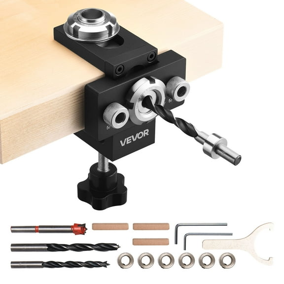 VEVOR Doweling Jig Kit, Self Centering Dowel Drill Jig for Straight Holes, Aluminum Alloy Woodworking Joints Tool with 3 Size Drill Bits 5/16", 3/8", and 19/32", Adjustable Width, for Wood Working