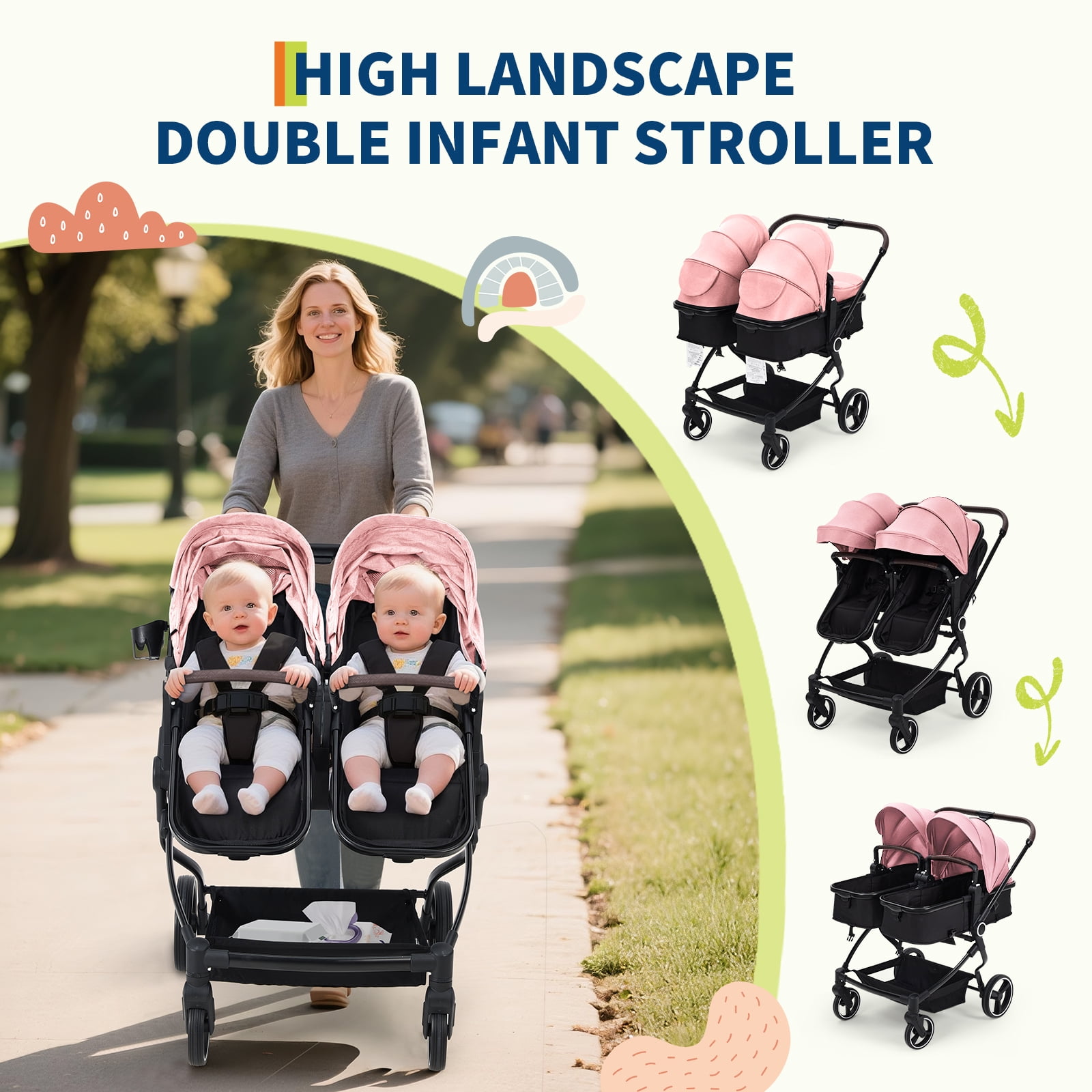 Roromall Side by Side Double Stroller for Twins, Adjustable Compact Folding Baby Travel Stroller with High Landscape Seat, Lightweight Canopy & Recline for Infant and Toddler