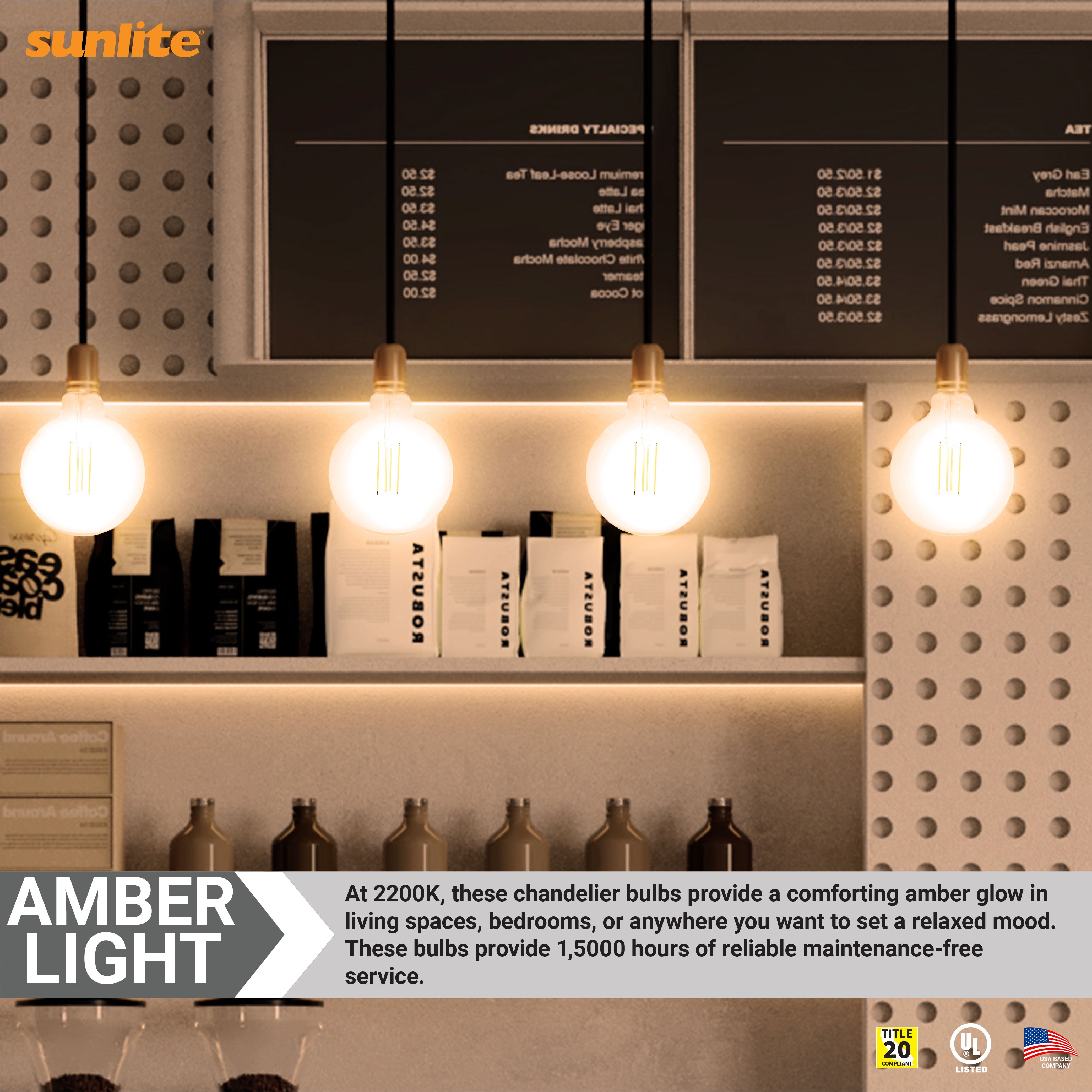 Sunlite 41836 LED G40 Edison Globe Light Bulb, 8.5 Watts (100W Equivalent), Standard E26 Base, 800 Lumens, Dimmable, Clear Glass, Long Filament, 90 CRI, CEC Compliant, 2200K Amber Light, 4 Pack