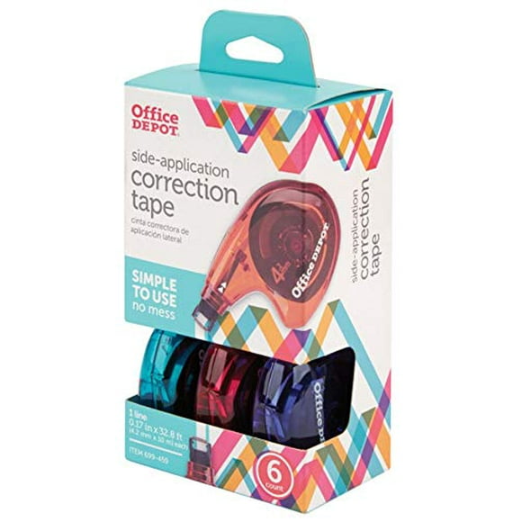 Office Depot Side-Application Correction Tape, 1 Line x 394in, Assorted Colors, Pack Of 6, 10847