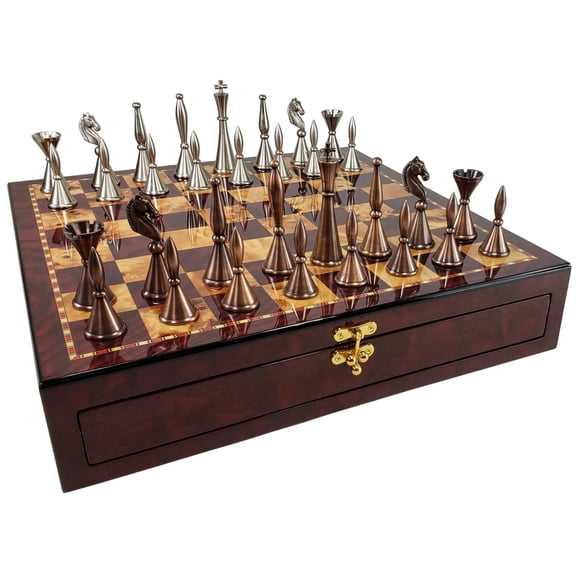 Brass Metal Modern Art Deco Staunton Chess Set W/ 17" Cherry Color Storage Board