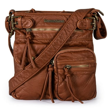 Montana West Crossbody Bag for Women Soft Washed Leather Multi Pocket Shoulder Purses, Brown