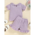 thumbnail image 4 of Toddler Girls Clothes Set Rainbow Pattern Short Sleeve Doll Neck Ribbed Tops Ruffled Elastic Waist Shorts Outfits, 4 of 9