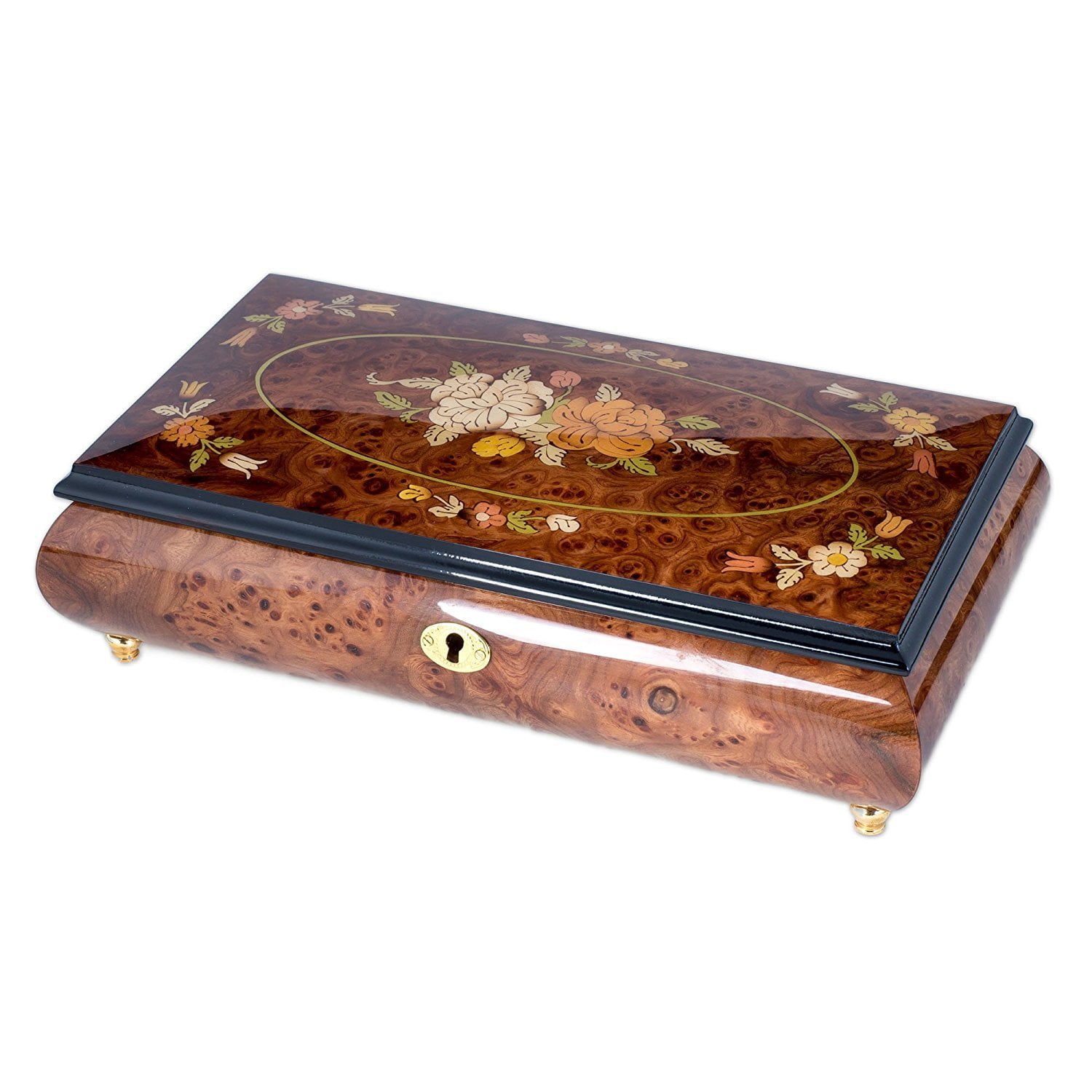 Floral Vignette Glossy Dark Olmo Italian Inlaid Wood Music Box