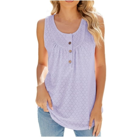 Mrat Tank Tops with Built In Bra Fashion Women s Casual Comfortable Solid Round-Neck Sleeveless Button Tops Blouse T-Shirt Cami Tank Tops for Women S-313 Purple S