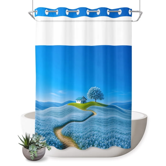 No Hook Shower Curtain, Sky Blue Shower Curtains for Bathroom with See Through Top Window, Natural Landscape Country Tree Flowers Waterproof & Washable Bath Curtain 60"x72"