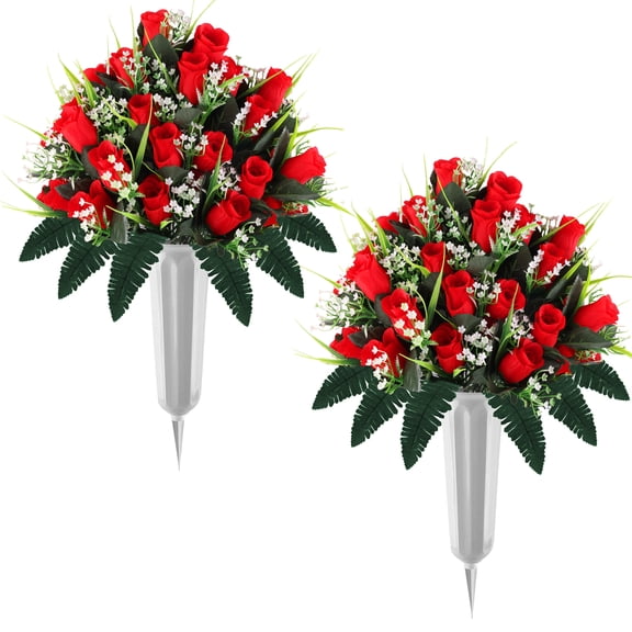 Yalumo 2 Sets Artificial Cemetery Flowers for Grave with Vase, Silk Red Rose Memorial Day Flowers for Cemetery Grave, Outdoor Grave Decorations for Gravesite Headstones