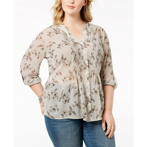 Style & Co Plus Size Printed Pleated Blouse Ivory 1X