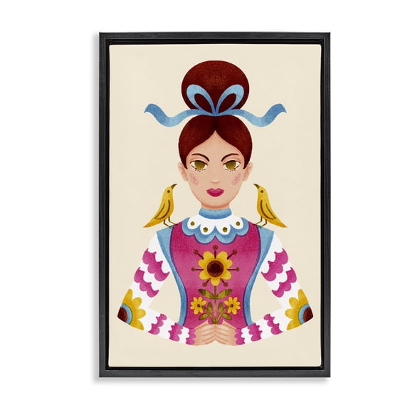 Stupell Industries Brunette Girl with Birds Portrait Painting Black Floater Framed Canvas Art Print Wall Art, 17 x 25