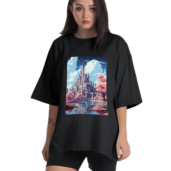 Plus Size Shirt for Women Black Tops for Women Short Sleeves Shirt for Women Castle (71） T Shirt Crewneck Shirt for Women XS