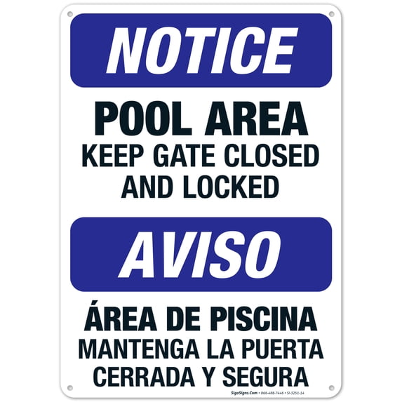 Pool Area, Keep Gate Closed And Locked Sign, Bilingual English Spanish, 10x14 Aluminum