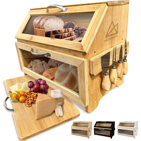 Extra Large Bread Box with Cutting Board & Knife Set | 7 Piece Set | Bamboo Breadbox | Bread Boxes for Kitchen Countertop | Bread Storage Container| Assembly Required